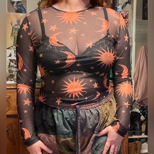 Sheer Long Sleeve Top with Sun and Moon Design